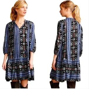 Anthropologie Holding Horses Dress XS Blue Black Printed Tiered Ruffle Bohemian